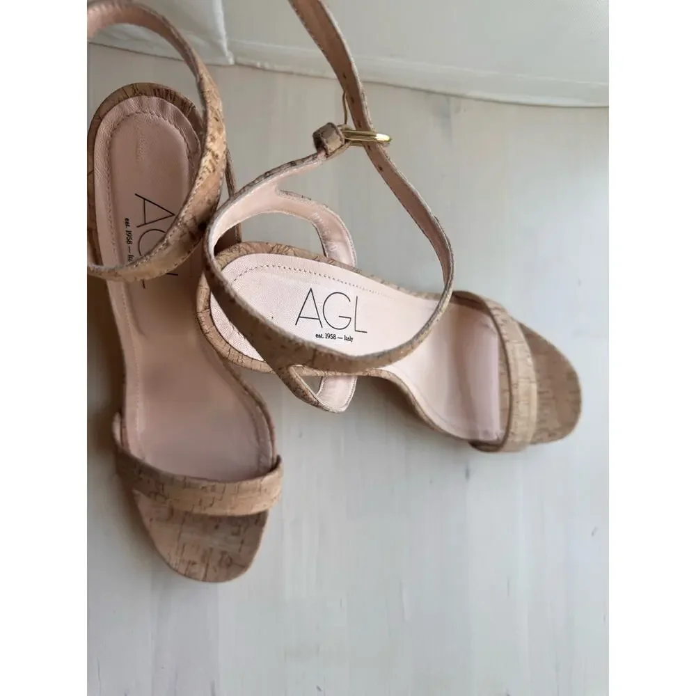 AGL Demi Tan Leather Cork Wedge Platform Ankle Strap Sandals EU 40 US 10